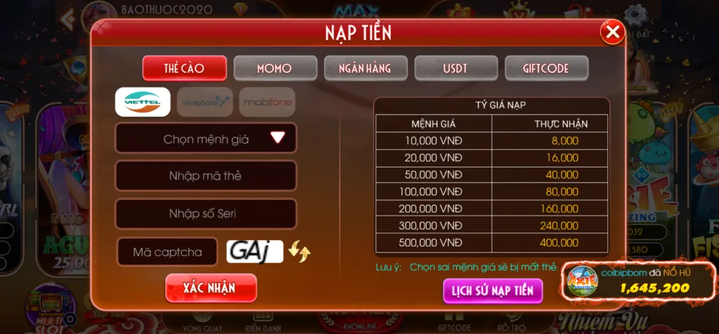 nạp thẻ cào max10