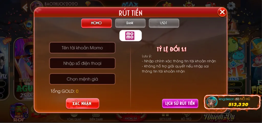 rút tiền momo max10